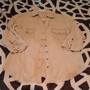 Women's Tan Button-Up Shirt.